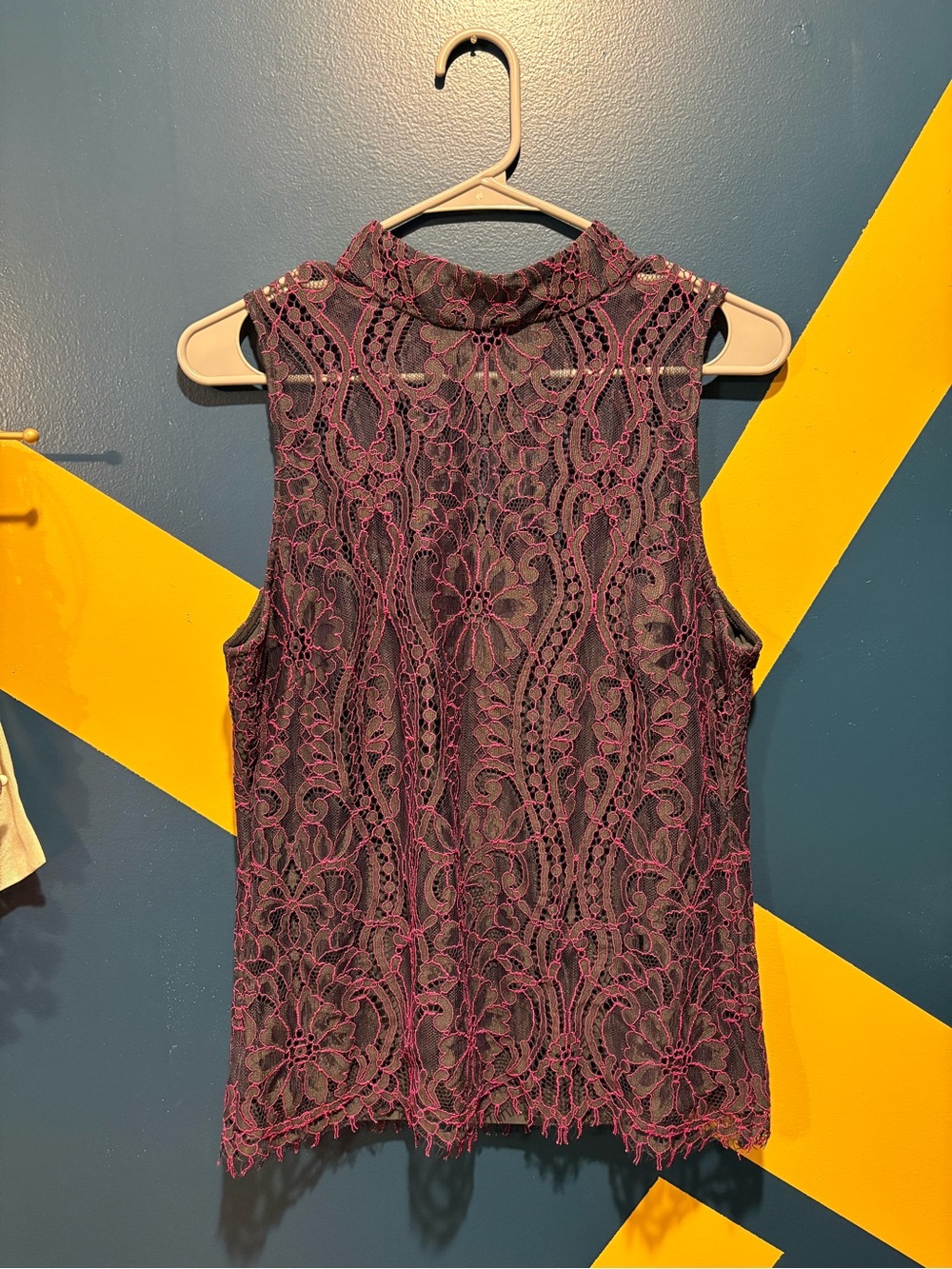 White House Black Market Black & Pink Lace Mock Neck Tank NWOT